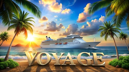 Cruise ship sailing near tropical island with palm trees and ocean view featuring the word Voyage symbolizing travel luxury adventure vacation dreams perfect for promotional template or summer cruise