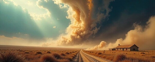Epic swirling windstorm over dramatic landscape, perfect for fantasy or nature projects Dust devils and powerful gusts create a dynamic, breathtaking scene , grass, movement, dust devil