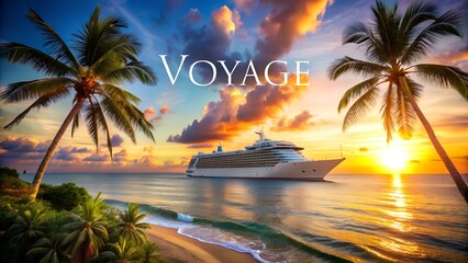 Voyage text on ocean background with cruise liner and tropical palms representing travel experience luxury journey relaxation and exotic holidays suitable for marketing travel agency promotions ads