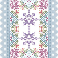 Decorative textiles in a soft pastel palette of pink, blue, and green with pixelated element