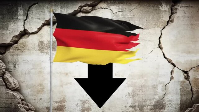 German flag painted on cracked wall with downward black arrow symbolizing crisis or conflict
