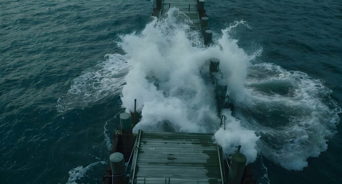 Powerful waves crashing on pier