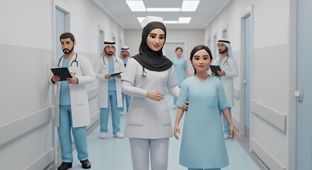 Compassionate nurses and doctors escort a young patient down a bright hospital corridor, showcasing healthcare's human touch.