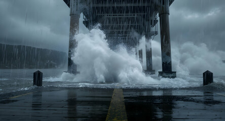Stormy waves crashing pier