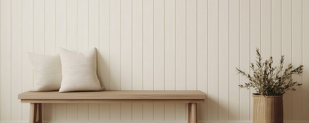 Decluttered home decor idea. Minimalist interior with bench and decorative pillows.