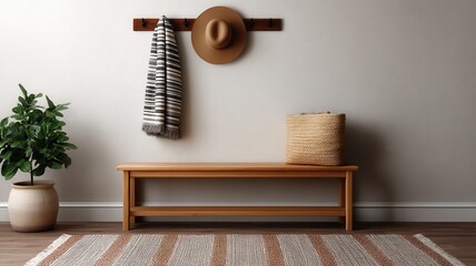 Decluttered home decor idea. Minimalist entryway with a bench, hat, and plants.