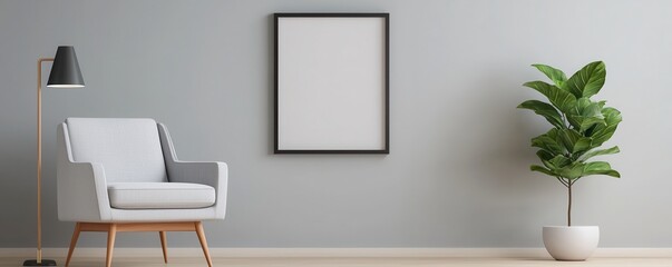 Decluttered home decor idea. Cozy living space with a chair, lamp, plant, and empty frame.