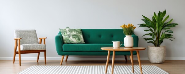 Decluttered home decor idea. Modern living room with green couch and indoor plants.