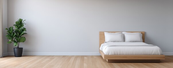 Decluttered home decor idea. Modern bedroom with minimalist design and a potted plant.