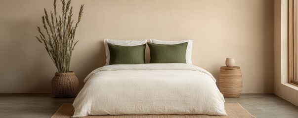 Decluttered home decor idea. Cozy bedroom with natural decor and soft tones.