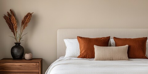 Decluttered home decor idea. Cozy bedroom with neutral tones and decorative pillows.