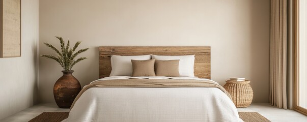Decluttered home decor idea. Cozy bedroom with wooden elements and neutral tones.
