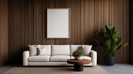 Decluttered home decor idea. Modern living room with neutral tones and indoor plants.