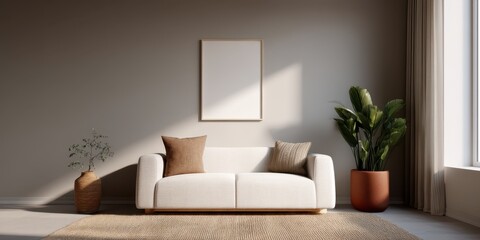 Decluttered home decor idea. Modern living room with a sofa, plant, and natural light.
