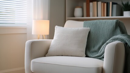 Decluttered home decor idea. Cozy living room chair with decorative pillow and lamp.
