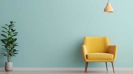 Decluttered home decor idea. Bright yellow chair against a soft blue wall with a plant.