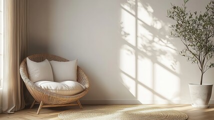 Decluttered home decor idea. Modern interior with cozy chair and natural light shadows.