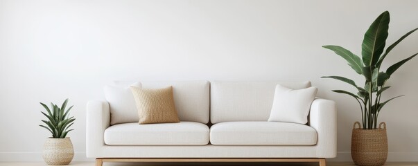 Decluttered home decor idea. Minimalist living room with plants and a light-colored sofa.