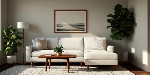 Decluttered home decor idea. Cozy living room with plants and modern furniture.