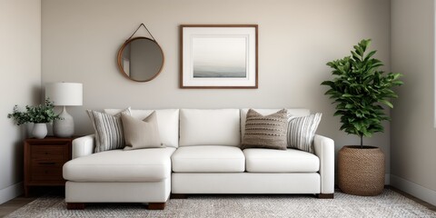 Decluttered home decor idea. Modern living room with stylish furniture and greenery.