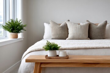 A serene bedroom scene featuring soft textures natural light and calming neutral tones in modern style.