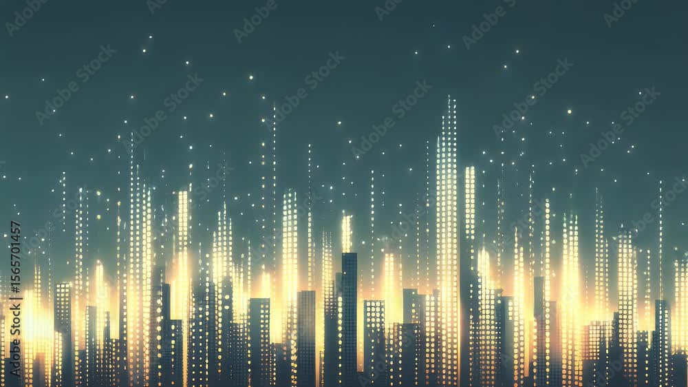 Poster abstract animated cityscape at dusk with glowing vertical lights and starry sky. yellow and blue gra