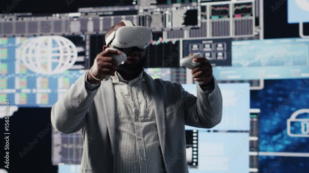 Poster business leader working with virtual reality headset to obtain funds, reviewing performance reports 