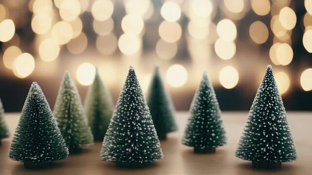 Set of six miniature Christmas trees with frosted finishes, topped with sprinkles and small lights for festive holiday seasonal decor.