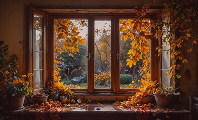 Window with a view of trees and leaves. The leaves are orange and yellow. There are potted plants on the windowsill