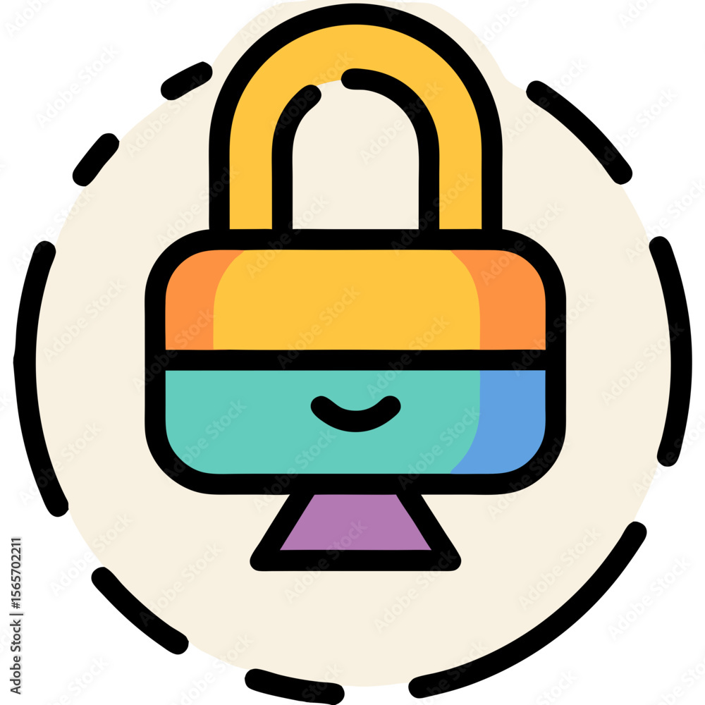 Poster smiling computer security padlock icon for digital data protection and cybersecurity