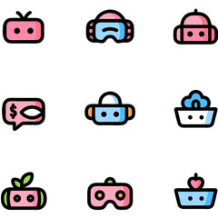 Set of Cute Flat Design Smart Technology Icons: AI, VR, Gaming, and Connected Devices Concepts