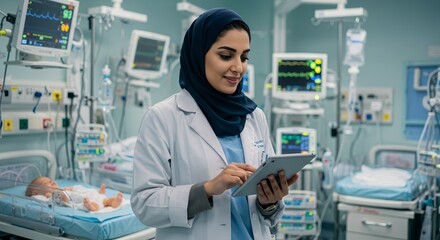 A dedicated female doctor in a hijab uses a tablet computer while attending to a newborn in a modern hospital neonatal unit.