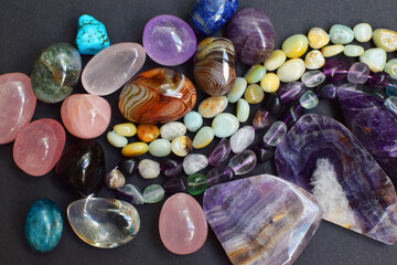 Background of beautiful natural colored semi-precious stones and beads of fluorite and amazonite....