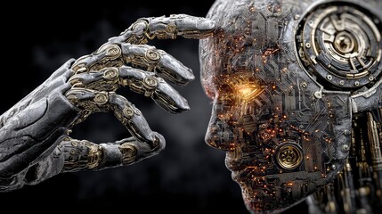 A skull robot in the dark background, Artificial intelligence concept.