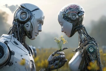 Two humanoid robots a male and a female are standing In a blooming spring field.