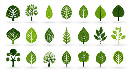 Green Trees and Leaves Icons Representing Nature and Growth