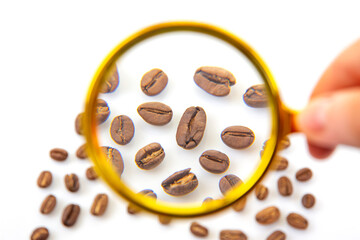 Magnifying glass and coffee beans arranged on a plain white background, creating a conceptual image related to coffee research, quality, and taste testing