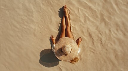 Ttop-down view of a woman lying on sandy beach