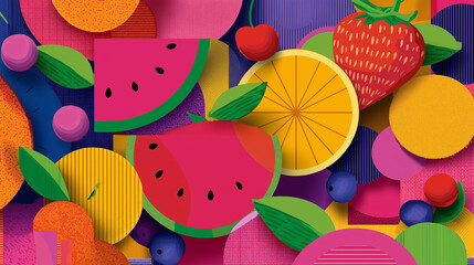 Colorful collage featuring watermelon, orange, strawberry and other fruits