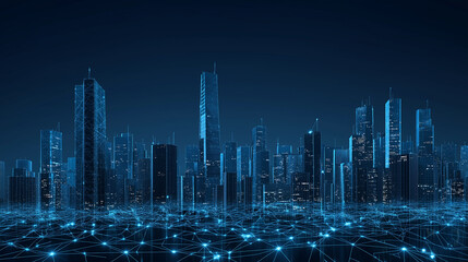 Futuristic city connected by a network glowing at night