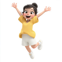 Happy cartoon girl jumping with open arms celebrating success