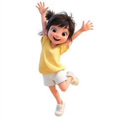 Cheerful cartoon girl jumping with open arms and smiling
