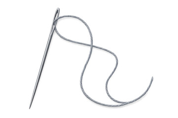 Silver sewing needle threading gray thread, transparent backdrop highlighting precision crafting tool