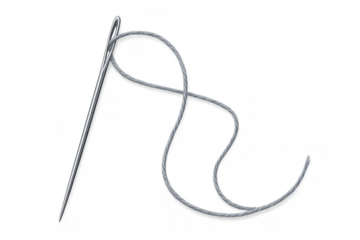 Silver sewing needle threading gray thread, transparent backdrop highlighting precision crafting tool