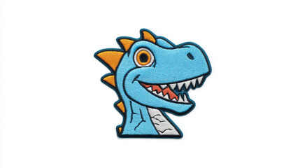 Embroidered blue dinosaur patch smiling on white background