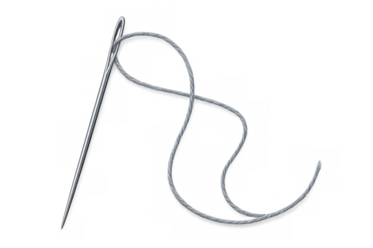 Silver sewing needle threading gray thread, transparent backdrop highlighting precision crafting tool