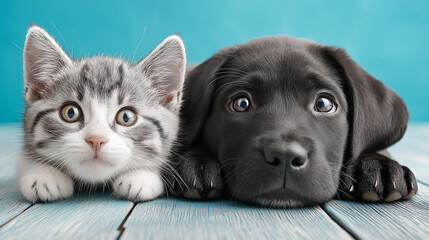 Adorable kitten and puppy lying on wooden floor against blue background
