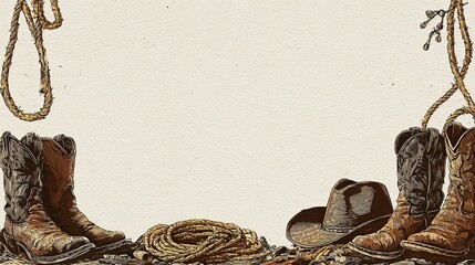 Cowboy boots, hat, rope frame for invitation or advertisement on textured background