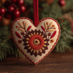 Beautiful handmade christmas heart ornament hanging on christmas tree