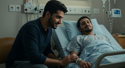 A comforting visit in a hospital room, a man sits beside his ill friend, offering support and a listening ear during a difficult time.